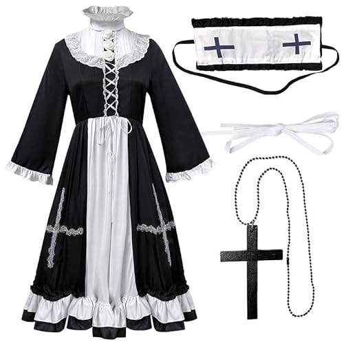 CAMDOM Halloween Nonne Cosplay Kostüm Schwarz Weiß Kreuz Nonne Uniform gepaart mit Kreuz Nonne Lolita Kleid Set CAMDOM Halloween Nonne Cosplay Kostüm Schwarz Weiß Kreuz Nonne Uniform gepaart mit Kreuz Nonne Lolita Kleid Set von CAMDOM
