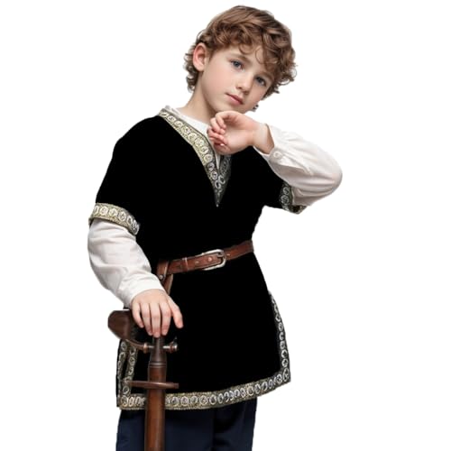 CAMDOM Jungen Renaissance Wikinger Pirat V Ausschnitt Shirt Mittelalter Ritter Kostüm Tops, Schwarz, 10-12 Jahre CAMDOM Jungen Renaissance Wikinger Pirat V Ausschnitt Shirt Mittelalter Ritter Kostüm Tops, Schwarz, 10-12 Jahre von CAMDOM