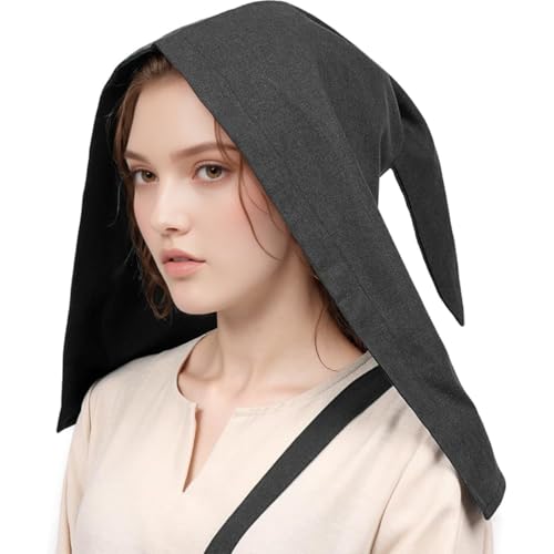CAMDOM Mittelalter Damen Coif Cap Verstellbare Liripipe Kapuze mit Ohrenklappen 15. Jahrhundert Gothic Bauernhut Leinen Renaissance Fair Hut für Cosplay, LARP, Halloween von CAMDOM