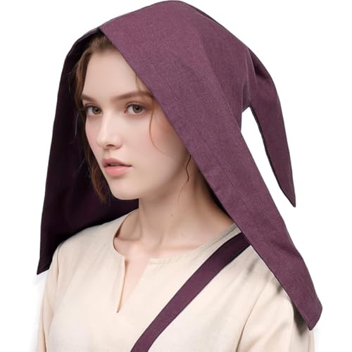 CAMDOM Mittelalter Damen Coif Cap Verstellbare Liripipe Kapuze mit Ohrenklappen 15. Jahrhundert Gothic Bauernhut Leinen Renaissance Fair Hut für Cosplay, LARP, Halloween von CAMDOM