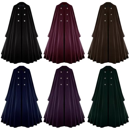 CAMDOM Mittelalterlicher Umhang mit Kapuze, volle Länge, zweireihiger Umhang, Halloween, Zauberer, Cosplay-Kostüm von CAMDOM