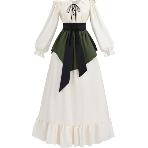 CAMDOM Mittelalterliches Renaissance-Bauern-Kostüm, schulterfrei, langärmelig, viktorianisches Kleid, Weiß mit grünem Gürtel CAMDOM Mittelalterliches Renaissance-Bauern-Kostüm, schulterfrei, langärmelig, viktorianisches Kleid, Weiß mit grünem Gürtel von CAMDOM