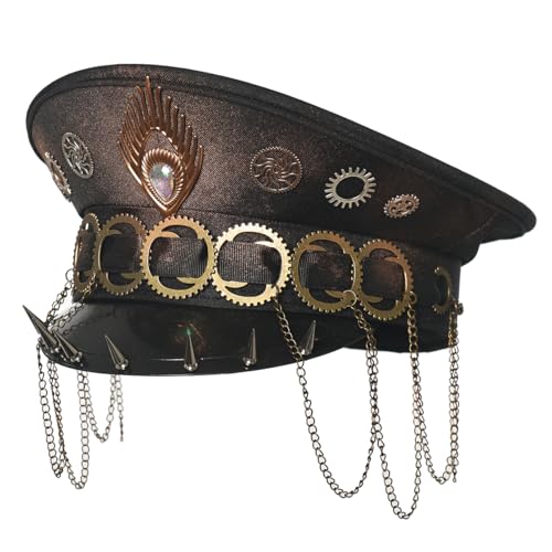 CAMDOM Steampunk Militär Hut Kapitän Mütze Musik Festivals Brennender Mann Handgemachte Hüte Metall Verzierte Spikes Kopfbedeckung mit Zahnrädern für Cosplay und Karneval CAMDOM Steampunk Militär Hut Kapitän Mütze Musik Festivals Brennender Mann Handgemachte Hüte Metall Verzierte Spikes Kopfbedeckung mit Zahnrädern für Cosplay und Karneval von CAMDOM