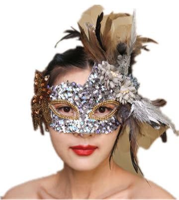 CAMDOM Venezianische Maske für Damen, Maskerade, Make-up, glänzende Masken, Federdekoration, Opern-Kostüm, Zubehör für Partyball von CAMDOM