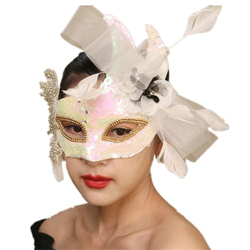 CAMDOM Venezianische Maske für Damen, Maskerade, Make-up, glänzende Masken, Federdekoration, Opern-Kostüm, Zubehör für Partyball von CAMDOM
