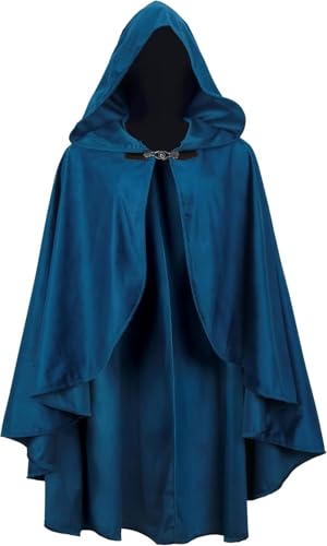 CAMODM Mittelalterlicher Umhang aus Wildleder mit Kapuze für Halloween, Cosplay, Zauberer, Hexe, Umhang Kostüm, Blau, Einheitsgröße von CAMDOM