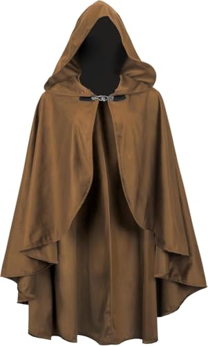 CAMODM Mittelalterlicher Umhang aus Wildleder mit Kapuze für Halloween, Cosplay, Zauberer, Hexe, Umhang Kostüm, Braun, Einheitsgröße von CAMDOM