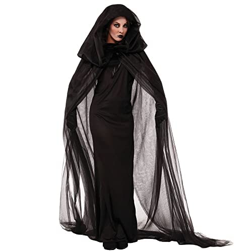 Damen Geist Braut Kostüm Halloween Karneval Cosplay Kostüm Hexe Vampir Lange Umhang Cape Kleid von CAMDOM