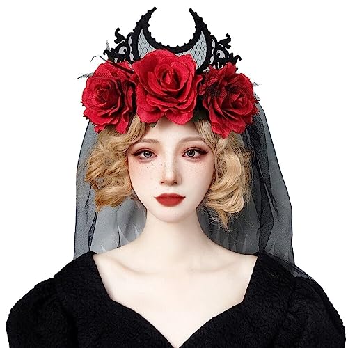 Gothic Frauen Flroals Stirnband Schwarz Mond Krone Schleier Rot Halloween Königin Cosplay Haarschmuck von CAMDOM