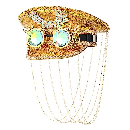 Pailletten Festival Hut Hen Party Hüte Einzigartige Erwachsene Militär Captain Hardware Top Steampunk Cap mit Brille von CAMDOM