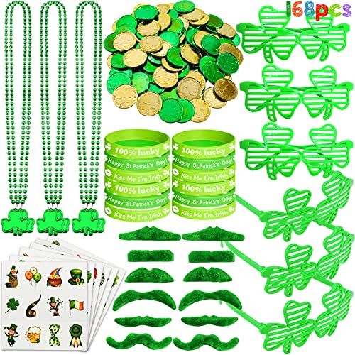 St. Patrick's Day Partyzubehör-Set mit Kleeblatt-Perlen, Halskette, Kleeblatt-Brille, temporäre Tattoos, Schnurrbart, Armbänder für Kinder, St. Patrick's Day, irische Themenparty-Requisiten St. Patrick's Day Partyzubehör-Set mit Kleeblatt-Perlen, Halskette, Kleeblatt-Brille, temporäre Tattoos, Schnurrbart, Armbänder für Kinder, St. Patrick's Day, irische Themenparty-Requisiten von CAMIRUS
