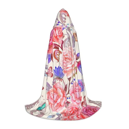 Umhang mit Kapuze, Rosen- und Schmetterlingsdruck, langer Kapuzenumhang, Mittelalterumhang, Renaissance-Umhang für Halloween-Kostüm von CAMUO