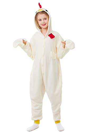 CANASOUR Tiere Onesie Kinder Halloween Kostüme Anime Cosplay Grün Tier Einteilige Pyjamas Uni 4-12 Jahre, Huhn Weiß, 10-12 Years von CANASOUR