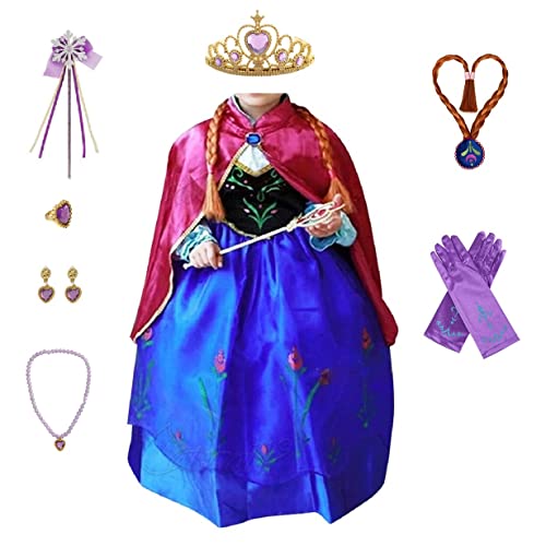 CANBERRIES Prinzessin Anna Kostüm Mädchen mit Krone Handschuhe Zauberstab Set, Eiskönigin Anna Kostüm Kinder für Weihnachten Karneval Halloween Geburtstagsparty (Blau + Lila, 140) von CANBERRIES