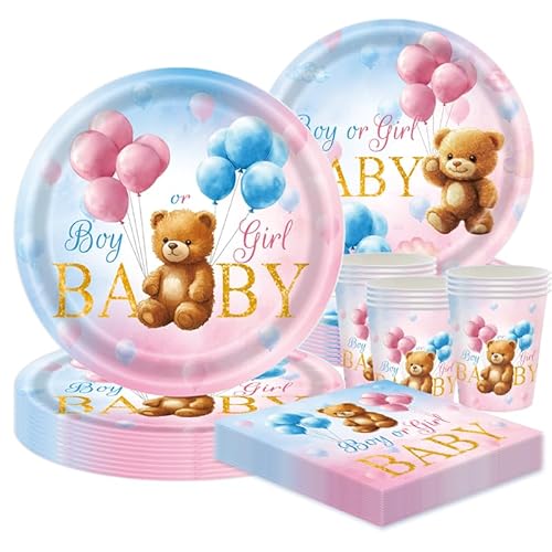 Bären Geburtstag Partygeschirr Set – 50-teiliges Set mit Tellern, Tassenn & Servietten – Süßes Bärchen Design für Deko Kindergeburtstag & Baby Party von CANCJ