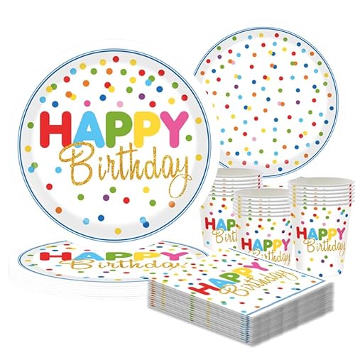 Buntes Polka Dot Geburtstag Partygeschirr Set, 50-teiliges Geburtstagsgeschirr für 10 Gäste mit Tellern, Tassenn & Servietten – Perfekt für Kindergeburtstage Jungen Mädchen von CANCJ