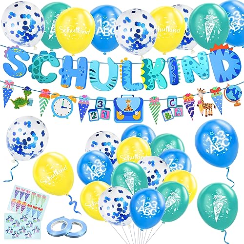 Einschulung Deko,Schulkind Deko Einschulungsdeko Junge Mädchen,Schuleinführung Deko Schulanfang Deko,Schulkind Girlande,Luftballon mit ABC,123 Motiv für Jungen Mädchen,Aufkleber Einschulung,Blau Einschulung Deko,Schulkind Deko Einschulungsdeko Junge Mädchen,Schuleinführung Deko Schulanfang Deko,Schulkind Girlande,Luftballon mit ABC,123 Motiv für Jungen Mädchen,Aufkleber Einschulung,Blau von CANCJ