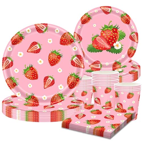 Erdbeer Partygeschirr Set für 10 Gäste – 50-teiliges Pappteller 9"/7", PappTassen, Servietten – Erdbeere Deko Kindergeburtstag Mädchen Frühling Sommer Mottoparty Picknick Partyset von CANCJ