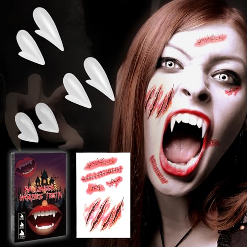 Halloween Vampir Zähne,3 Paar Fangs Kit mit Pellets Klebstoff (Wiederverwendbar),Vampirzähne Passend zum Horror Kostüm, Gruselig für Halloween Cosplay Party , Zombie, Monster,Cosplay, Teufel von CANCJ