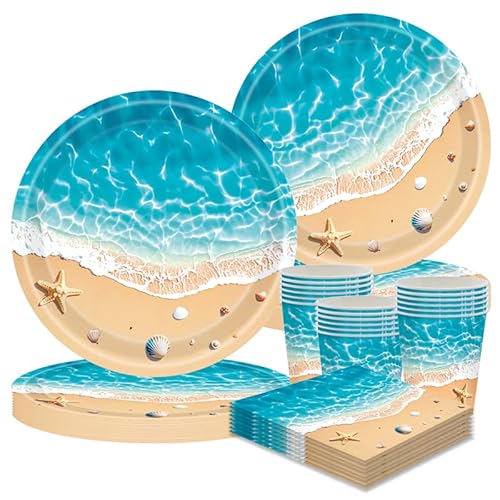 Ozean Strand Partygeschirr Set, 50-teiliges Ozean Geburtstag Party Set mit Papptellern, Tassenn & Servietten – für 10 Sommer Meeresdeko für Kindergeburtstag Party Deko von CANCJ