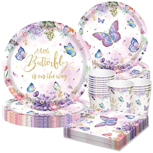 Schmetterling Partygeschirr Set für 10 Gäste – 50-teiliges Pappteller 9"/7", PappTassen, Servietten – Mädchen Geburtstag Deko Schmetterling Mottoparty Frühling Sommer Partydeko Set von CANCJ