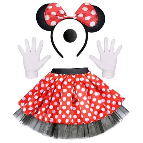 CANRNYACBZ Mouse Kostüm Damen Faschingskostüme Satz mit 4 Stück Maus Ohren mit roter Schleife+Rote Gepunktet Tütü Prinzessin Kleid+Handschuhe+Nase für Kostümparty Karneval Cosplay Party Mottoparty CANRNYACBZ Mouse Kostüm Damen Faschingskostüme Satz mit 4 Stück Maus Ohren mit roter Schleife+Rote Gepunktet Tütü Prinzessin Kleid+Handschuhe+Nase für Kostümparty Karneval Cosplay Party Mottoparty von CANRNYACBZ
