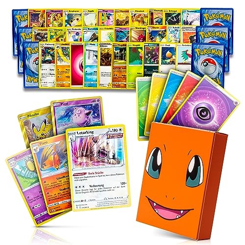 CARDMEX Pokemon Karten original in deutsch 50 Verschiedene - Set mit 1x Holo & 2X Reverse Glitzer Pokémon Karten garantiert und Schutzbox - Jedes Pokemon Sammelkarten Set ist Anders von CARDMEX