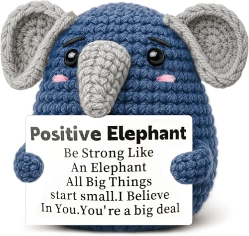 CAREOR Positiver Elefant, lustiger, handgefertigter gestrickter positiv gehäkelter Elefant mit positiver Karte, emotionale Unterstützung, inspirierende Ermutigung, Geschenk, Dekoration für Freunde von CAREOR