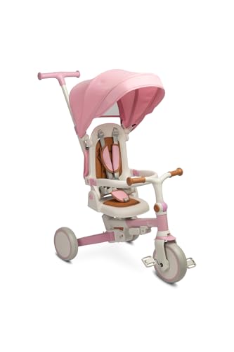 CARETERO - 3in1 Dreirad mit Schubstange & Laufrad & Kinderfahrrad ab 18 Monaten - mit Liegefunktion, drehbarem Sitz, Dach, Gummiräder, 5-Punkt-Gurt, Faltbar - Toyz Faro Rosa von CARETERO best for babies