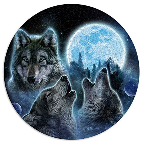 1000-teiliges Puzzle DREI Wölfe und Vollmond, kreisförmige Puzzles für Erwachsene und Kinder, Papppuzzles, tolles Geschenk für Erwachsene (Größe 67,5 x 67,5 cm) von CARGIS