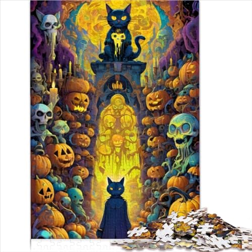 Puzzle 500 Teile Halloween-Katze Kreative Puzzles Holzpuzzles Puzzles Für Festivals Geschenke (Größe 20.47x14.96 Inch) von CARGUS