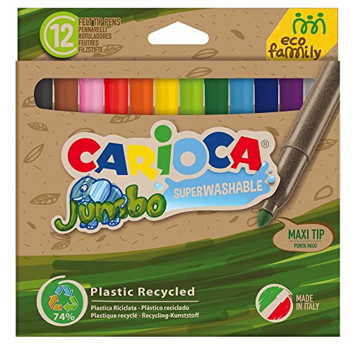 Carioca Jumbo Eco Family Marker | Super waschbare Marker aus recyceltem Kunststoff für Kinder, Set Maxi-Spitze in Box, 12 Stück von Carioca
