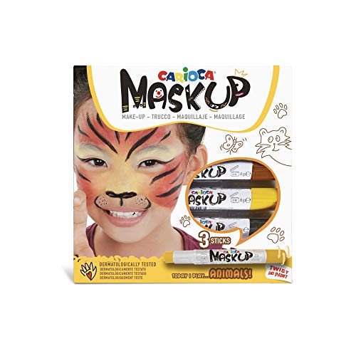 CARIOCA Mask Up Tiere, Schminkset für Jungen und Mädchen, Schminkstifte Ideal für Weihnachten, Halloween, Karneval und Partys - 3 Farben und 2 Anleitungen - Dermatologisch getestet von CARIOCA
