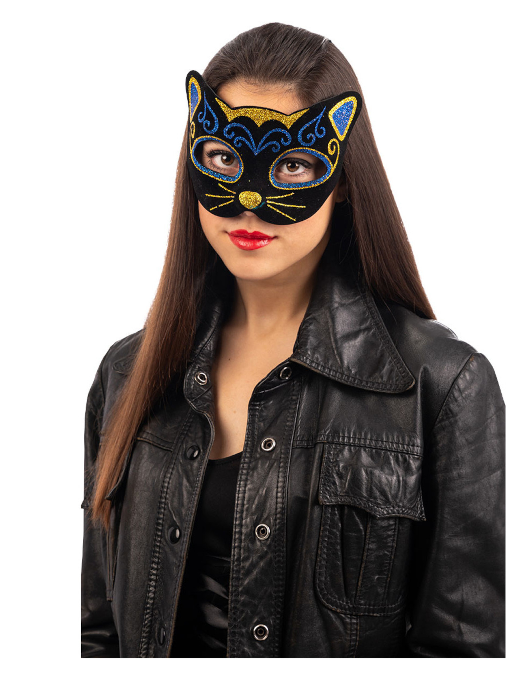 Glitzernde Katzenmaske schwarz-blau-goldfarben Glitzernde Katzenmaske schwarz-blau-goldfarben von CARNIVAL TOYS