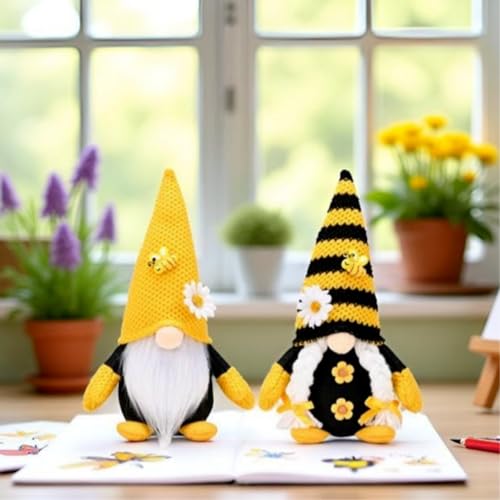 Spring-Sommer-Heimdekoration, Gänseblümchen, Festival, stehender Plüsch-Zwerg, 2 Stück, 25,4 cm hoch, gelb, gestrickt, hohe Mütze, Zwerg, Frühlings- und Sommergeschenk, Bienenzwerg, dekoratives Spring-Sommer-Heimdekoration, Gänseblümchen, Festival, stehender Plüsch-Zwerg, 2 Stück, 25,4 cm hoch, gelb, gestrickt, hohe Mütze, Zwerg, Frühlings- und Sommergeschenk, Bienenzwerg, dekoratives von CAROANNA