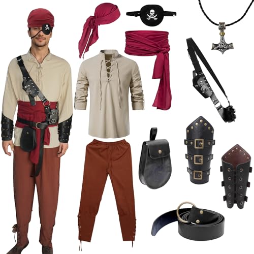 CARTLZ Piratenkostüm für Herren, Renaissance-Kostüm, Mittelalter-Kostüm, Wikinger-Shirt, Hose, Kopftuch, Gürtel, Piraten-Zubehör, Größe M, 11-teilig von CARTLZ