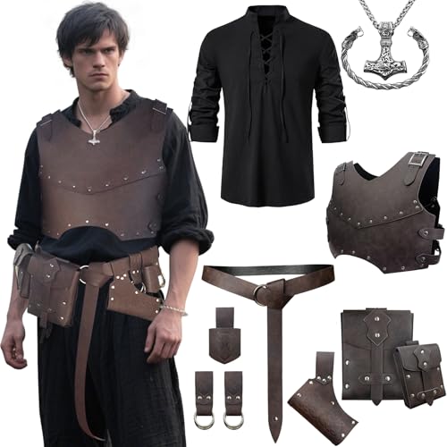 CARTLZ Renaissance-Kostüm-Set für Herren, Wikingerhemd, Leder, Brustpanzer, Mittelalter-Zubehör-Set, Gürteltasche (Braun, Größe L) von CARTLZ