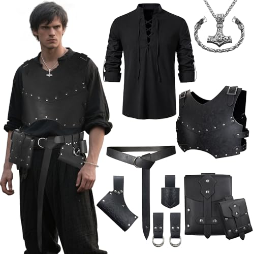 CARTLZ Renaissance-Kostüm-Set für Herren, Wikingerhemd, Leder, Brustpanzer, Mittelalter-Zubehör-Set, Gürteltasche (Schwarz, M) von CARTLZ