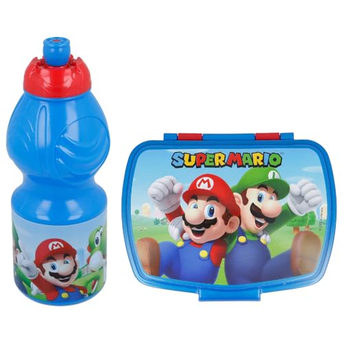 Set Trinkflasche + Rollenhalter Super Mario Videospiel Luigi Peach Yoshi Toad Kunststoff BPA frei 400 ml - Supermario / 2 Stück von CARTOON GROUP