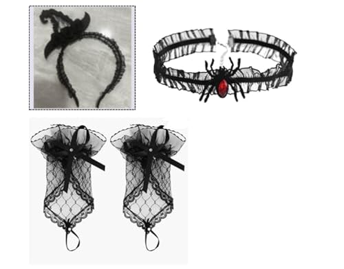 CARxlythic 3Pcs Halloween Haarreifen mit Kette & Spitze Handschuh,Gothic Haarreif Halloween Kopfschmuck Schwarz Halloween Kostüm Accessoires Damen Haarband Halloween Karneval Fasching Motto Party von CARxlythic