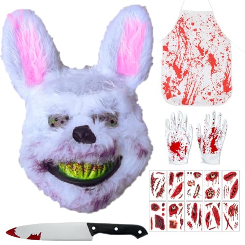 CARxlythic Bloody Bunny Maske - Horror Hasenmaske mit Plüsch und Requisitenmesser - Halloween Cosplay Requisiten für Erwachsene von CARxlythic
