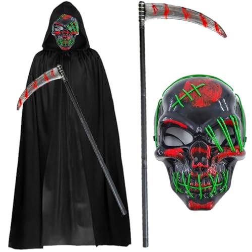 CARxlythic Halloween Leuchtenden Kostüm, Glow Skelett Maske, Schwarz mit Kapuze, Robe für Karneval Cosplay,Halloween, Fasching & Karneval als Kostüm für Herren & Damen von CARxlythic