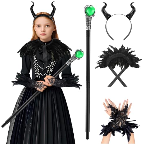 CASACLAUSI Böse Hexe Kostüm Kinder Zubehör Gothic Teufel Schwarze Königin Hörner Haarband Schal Zauberstab Handschuhe Cosplay Halloween Requisiten von CASACLAUSI