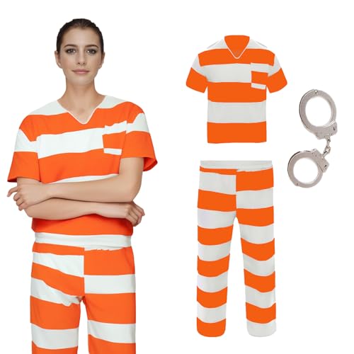 CASACLAUSI Gefangenenkostüm für Damen, Gefängnis-Overall, gestreift, Erwachsene, Häftling, Verbrecher, Sträfling, Gefängnis, Halloween, Cosplay-Outfit von CASACLAUSI