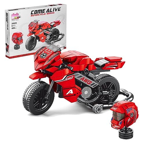 CASAFUNY Technik Motorrad Spielzeug Bausteine Klemmbausteine Kompatibel mit Lego Technic Motorrad Modellbausatz Bausteine Spielzeug Motorrad Set mit 1 Helm für Jungen und Mädchen ab 6 Jahren von CASAFUNY