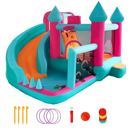 CATCHLUCK Aufblasbare Hüpfburg mit Rutsche, Hüpfburg Kinder mit Trampolin, Basketballkorb, Ballpool, für drinnen und draußen, 400x332x426cm von CATCHLUCK