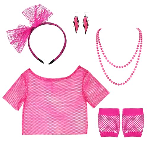 CATELL 80er Jahre Outfit Damen Set, 90er Jahre Outfit Damen 80er Jahre Accessoires Aerobic Outfit 80er Accessoires Netzshirt Netzhandschuhe Halskette Stirnband Ohrringe für Karneval Party (Rosa) von CATELL