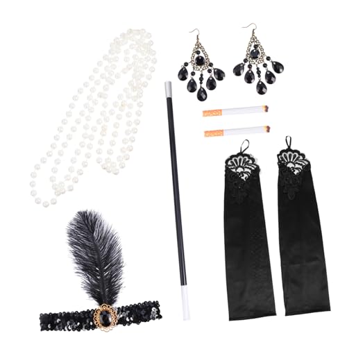 CATIEBYE Flapper Party Kostüm Damen Vintage Stirnband mit Schwarzer Handschuhe Perlenkette Ohrstecker und Klassischem Zubehör von CATIEBYE