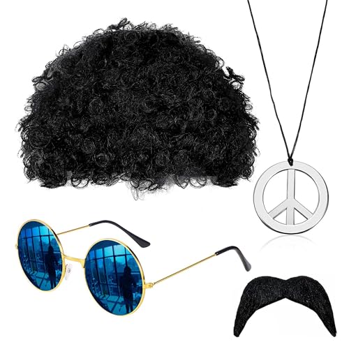Hippie Kostüm Set, Funky Afro Perücke, Retro Brille, Schnurrbart & Friedenszeichen Kette für 70er Motto Party, Afro Disco Perücke für Herren & Damen, Verkleidungszubehör im Hippie Style (4 Psc) von CATMEYE
