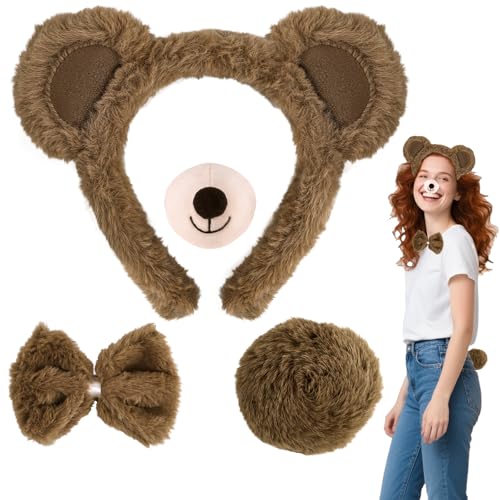 CAVETEE Niedliches, flauschiges Haarreif mit Nase, Fliege, Tierohren, Band für Halloween, Cosplay, Kostüm, Damen, Geschenk, Braun, 4 Stück von CAVETEE